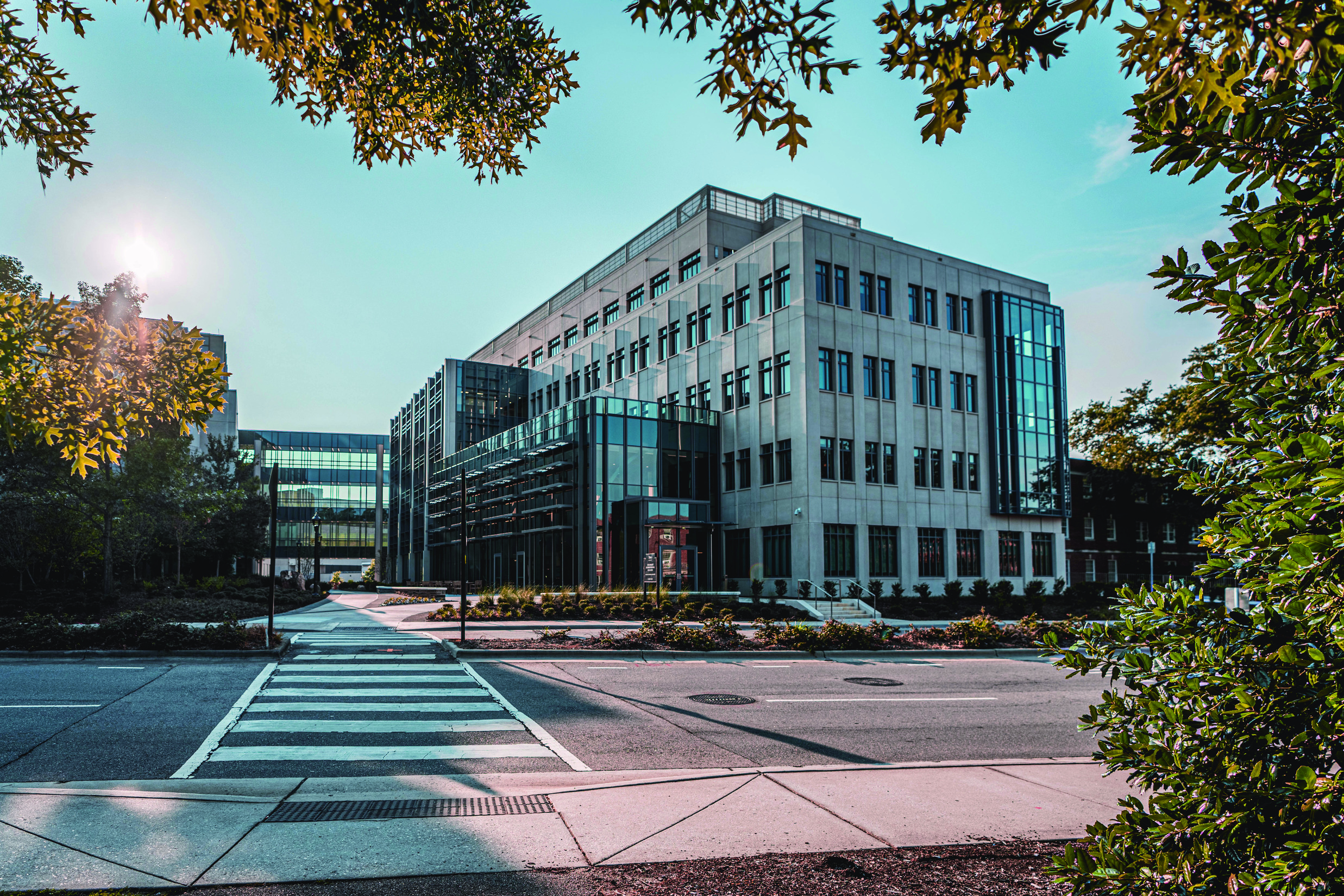 Glass-enclosed skybridge connecting two academic buildings at Duke’s Medical Campus.
